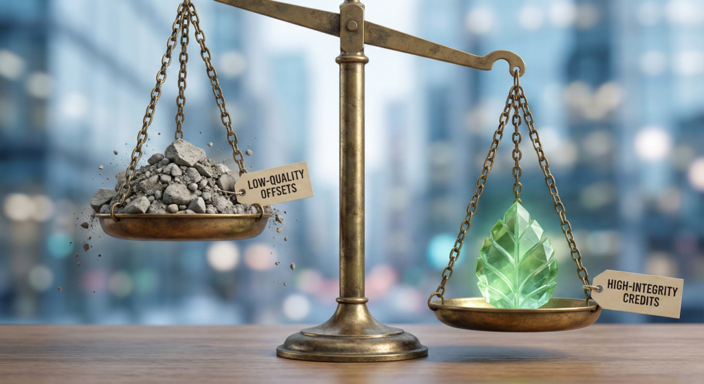 A weighing scale showing the higher value of high-integrity carbon credits compared to low-quality offsets, symbolizing the global market shift.