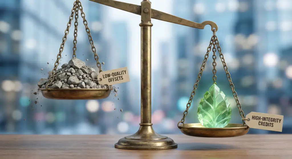 A weighing scale showing the higher value of high-integrity carbon credits compared to low-quality offsets, symbolizing the global market shift.