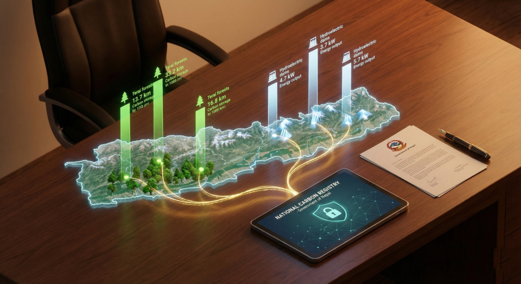 A digital map of Nepal showing a connected National Carbon Registry system, illustrating the new Carbon Trading Regulation 2082 BS.