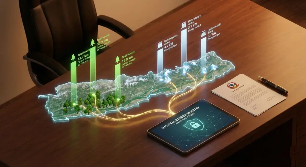 A digital map of Nepal showing a connected National Carbon Registry system, illustrating the new Carbon Trading Regulation 2082 BS.