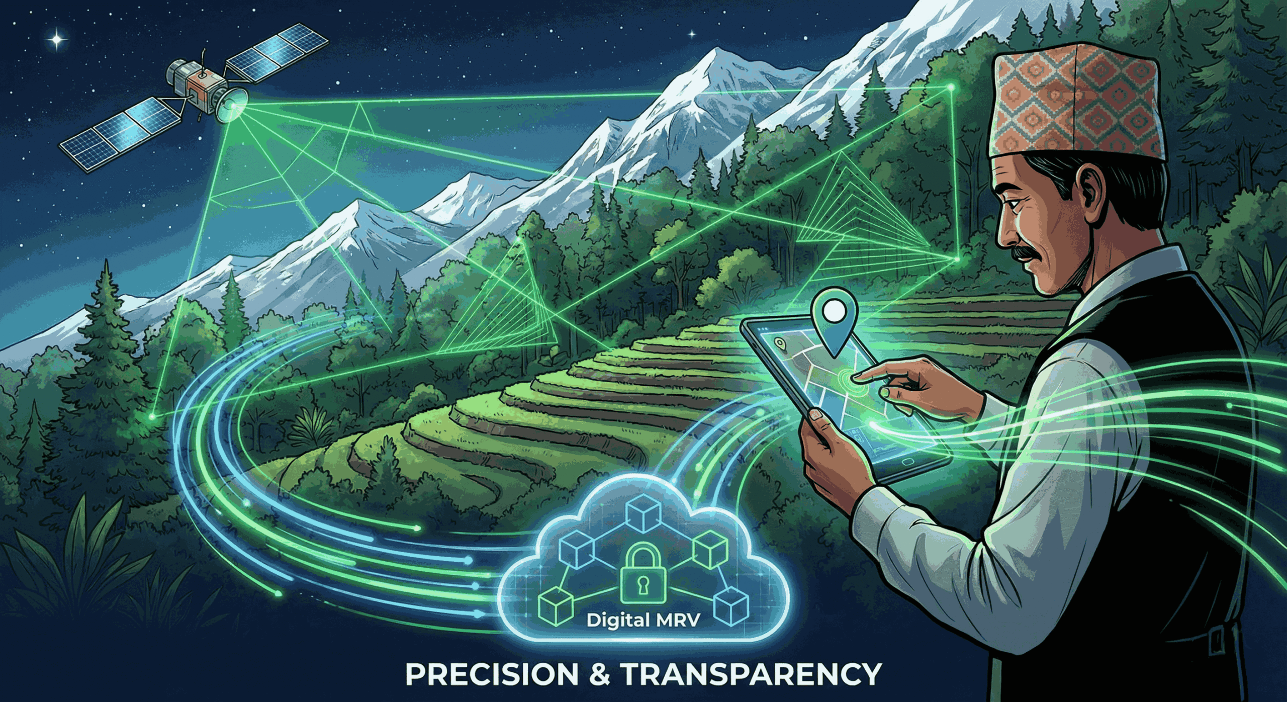 Digital MRV Carbon Credits Nepal - Conceptual illustration of technology verifying forest projects