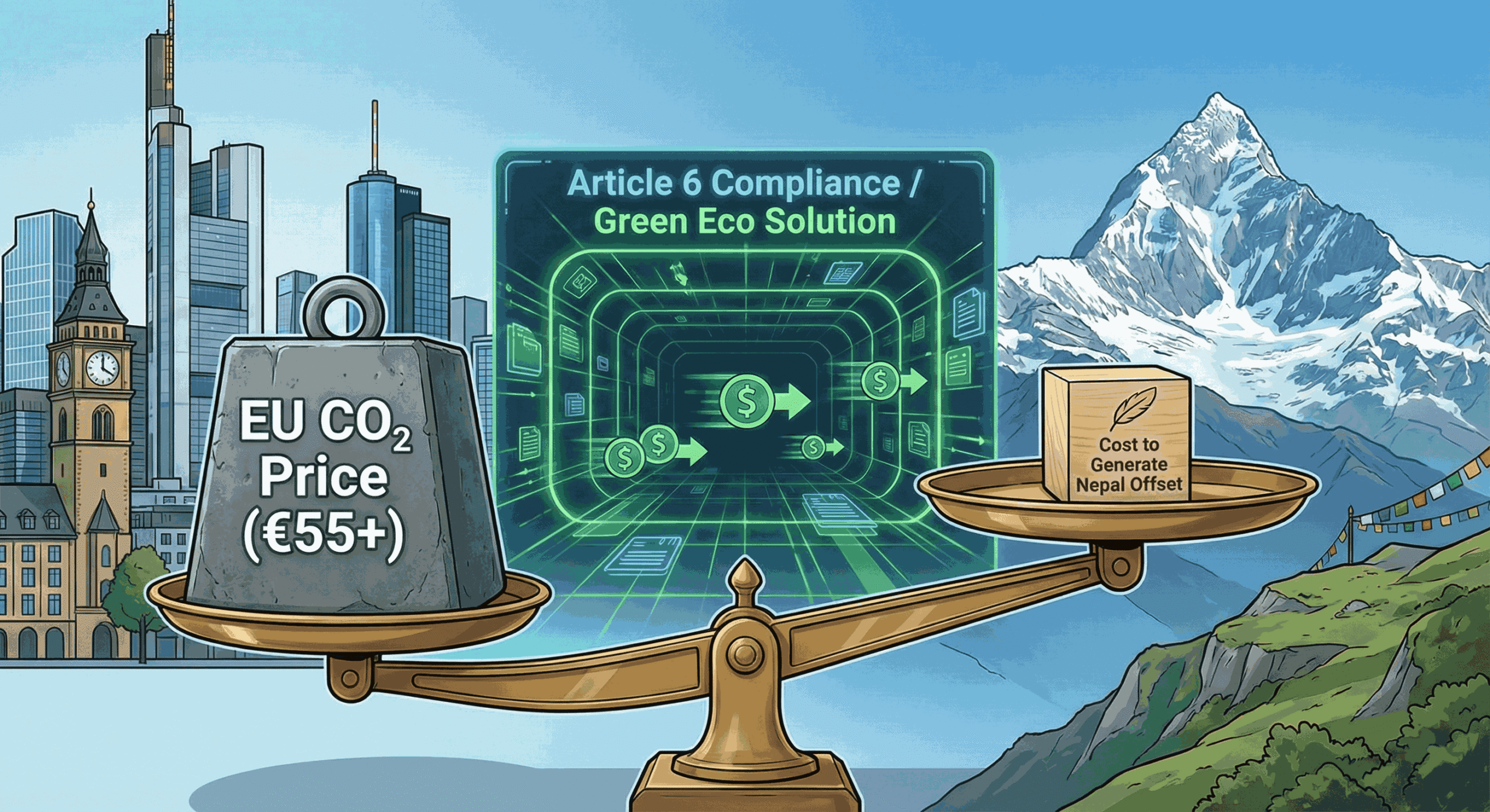 digital illustration of Article 6 Carbon Finance Nepal linking European compliance markets with Asian projects