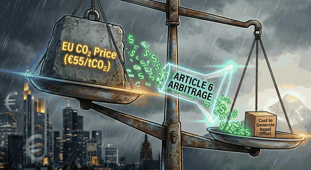 Conceptual scale demonstrating the financial arbitrage opportunity for Article 6 Carbon Finance Nepal based on high European CO2 pricing.