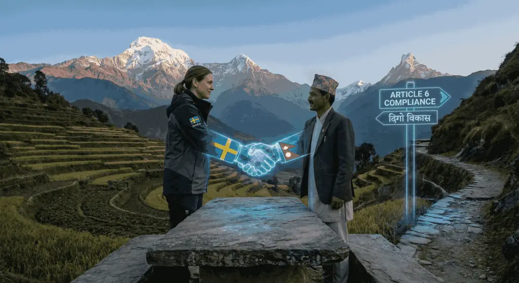 Digital illustration of the Sweden-Nepal bilateral agreement handshake, confirming the operationalization of Article 6 Carbon Finance Nepal.