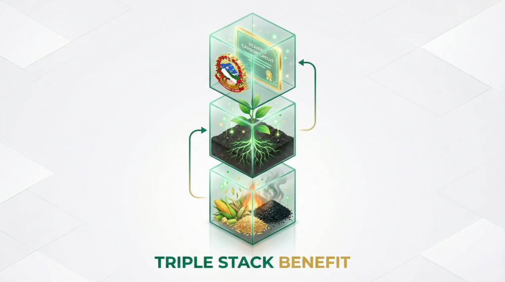 The Triple Stack model for Biochar Carbon Removal Nepal showing waste management, soil health, and verified carbon credit benefits.