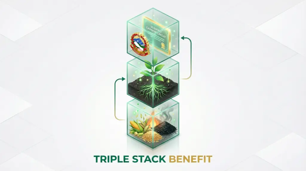 The Triple Stack model for Biochar Carbon Removal Nepal showing waste management, soil health, and verified carbon credit benefits.