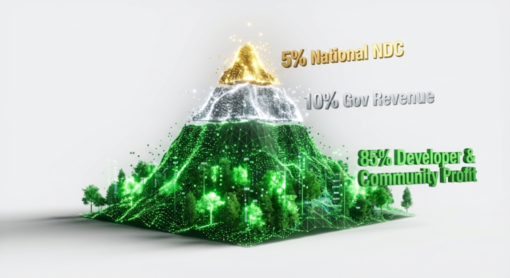 A 3D infographic of the Nepal Carbon Trading Regulation 2082 showing the 5% NDC retention and 10% benefit-sharing model.