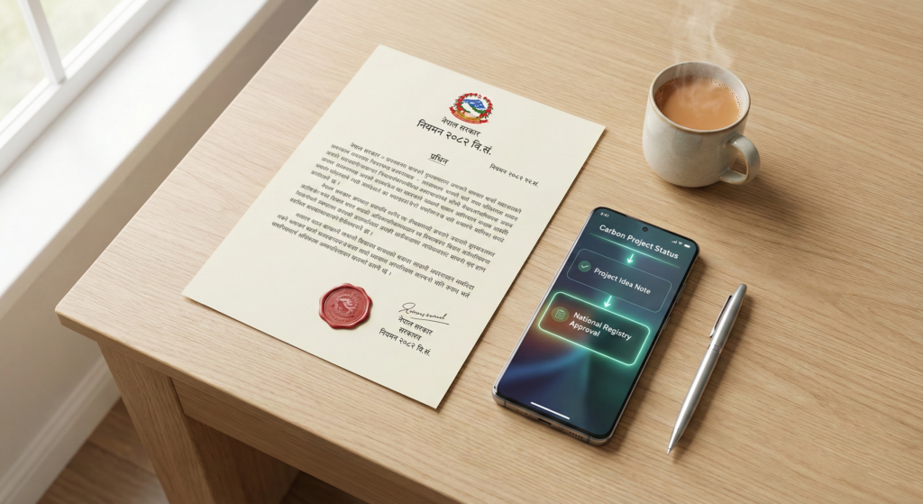 Green Eco Solution representatives facilitating an international climate finance partnership under the Nepal Carbon Trading Regulation 2082.