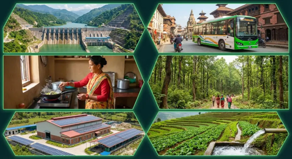 A grid of icons representing renewable energy, clean cooking, and waste management sectors approved under the Nepal Carbon Trading Regulation 2082.